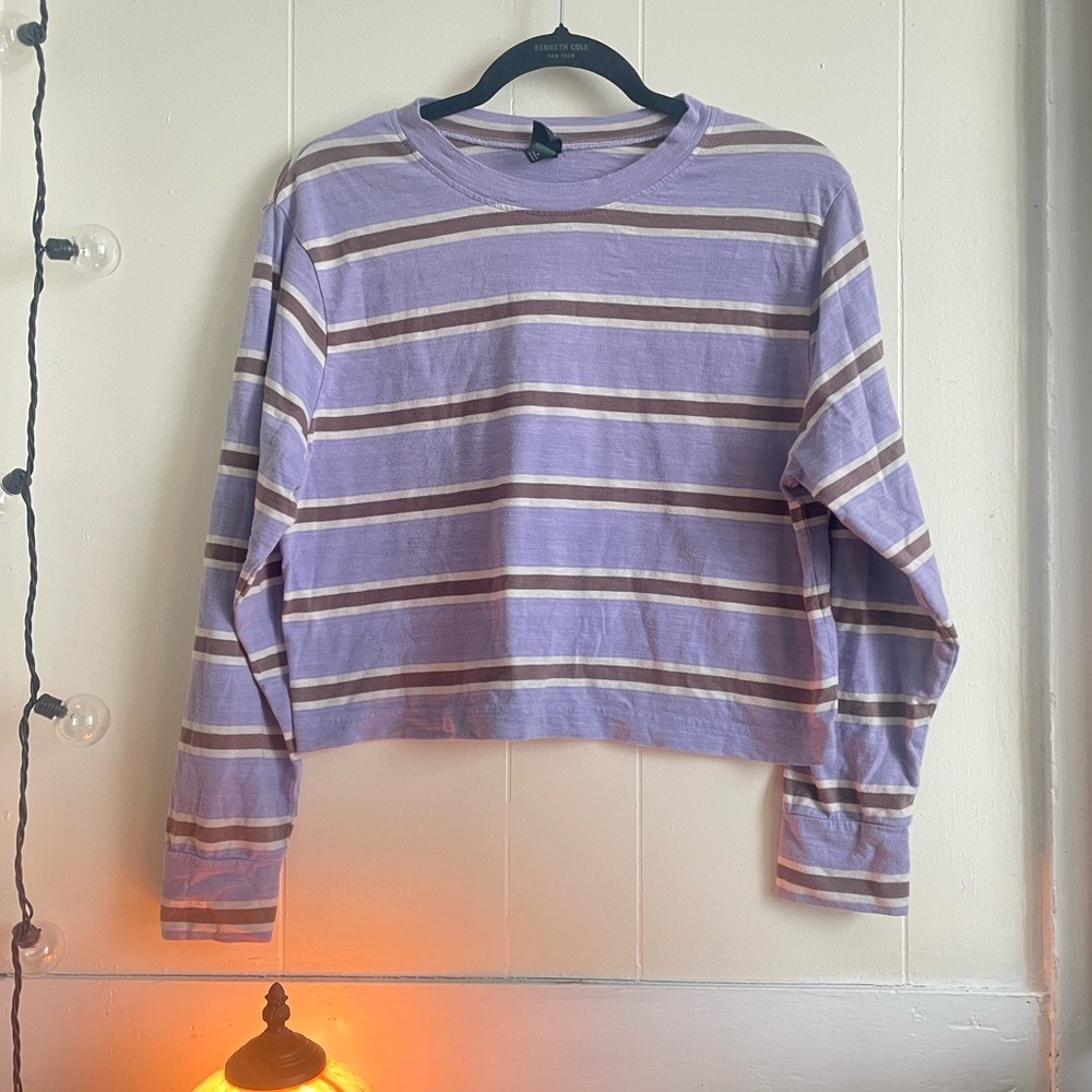 Wild Fable Striped Longsleeve Purple Brown White Crop Top Spring Summer Airy - Picture 2 of 5